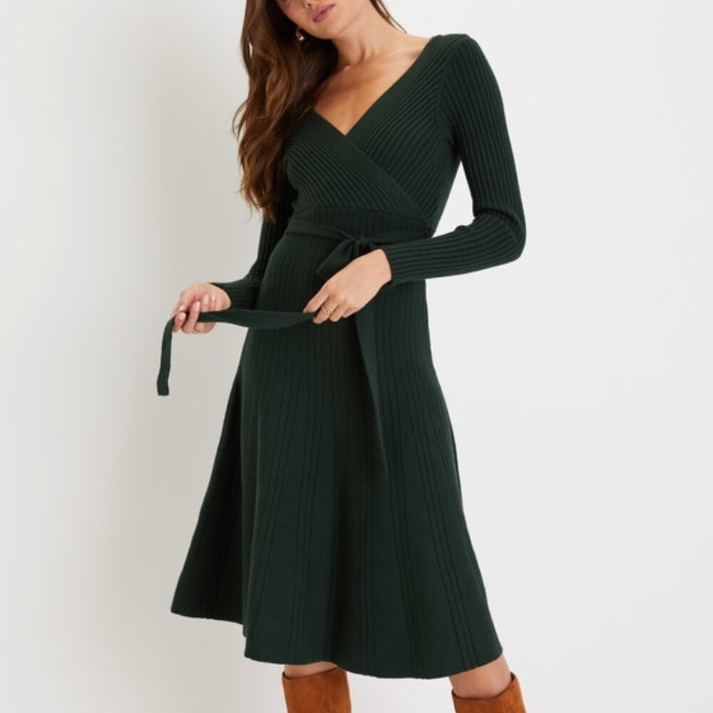 Lulu's Warm Emotions Emerald Green Skater Midi Sweater Dress